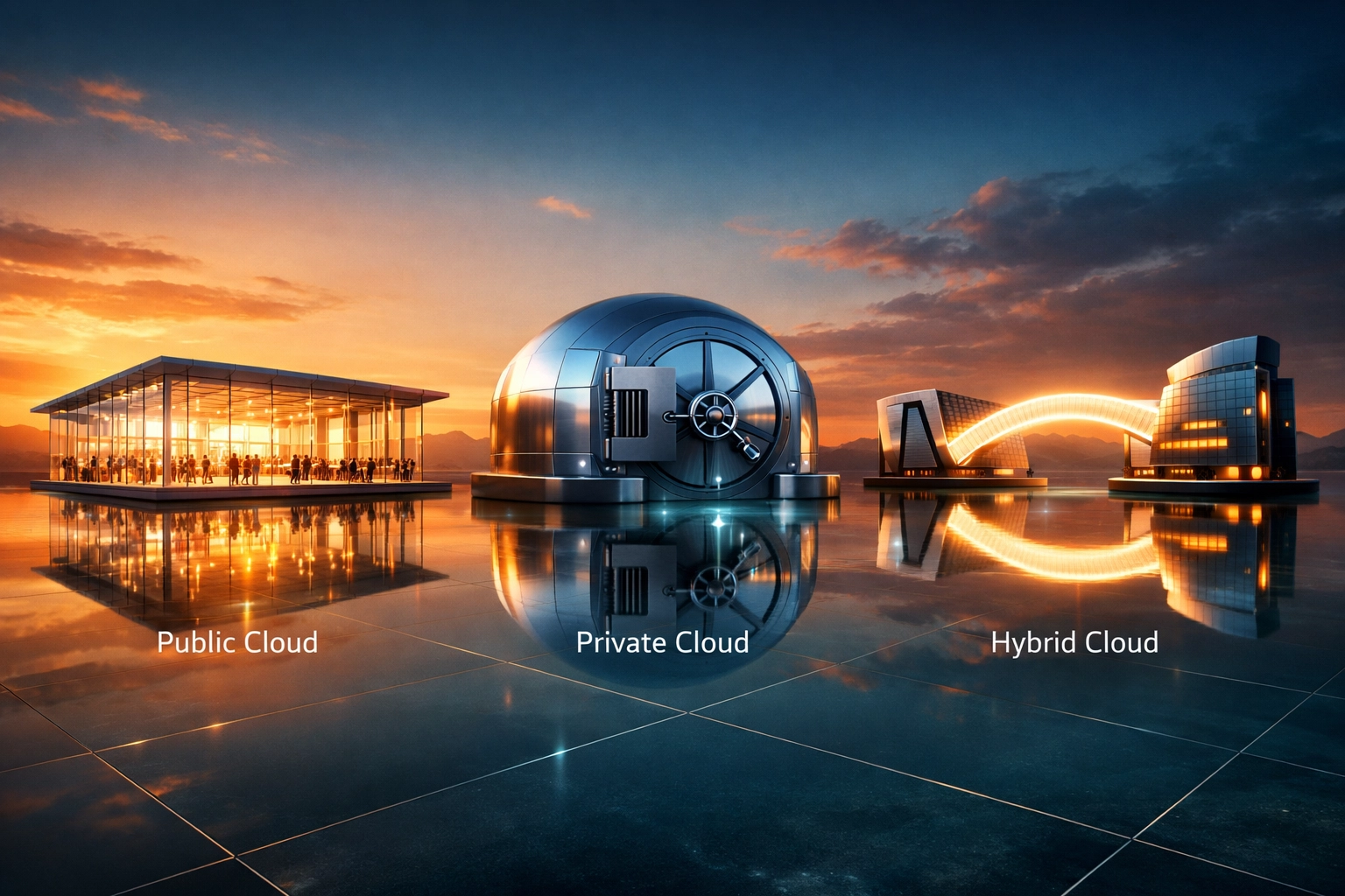 Comparison of public, private, and hybrid cloud deployment models in a secure digital environment.