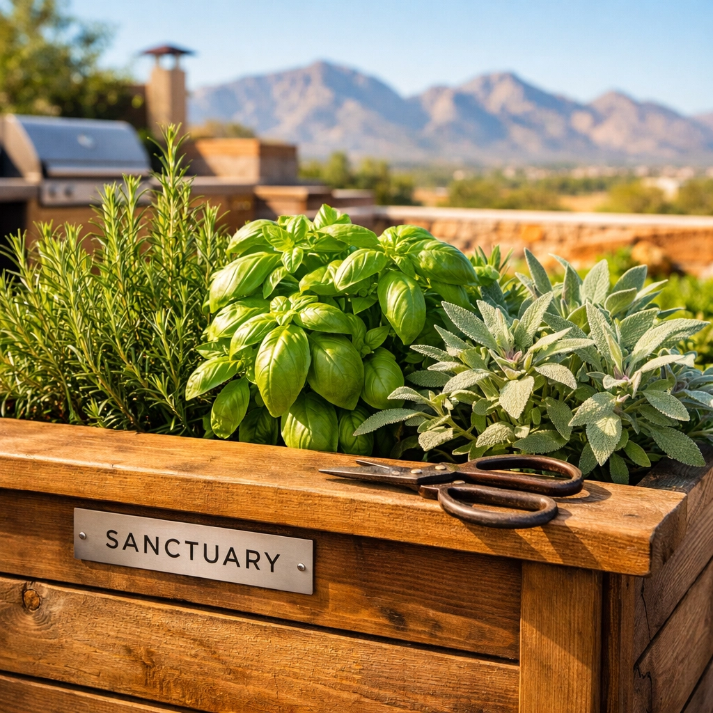 Sanctuary planter box herb garden on a Tucson paver patio featuring ergonomic height and premium fir wood.