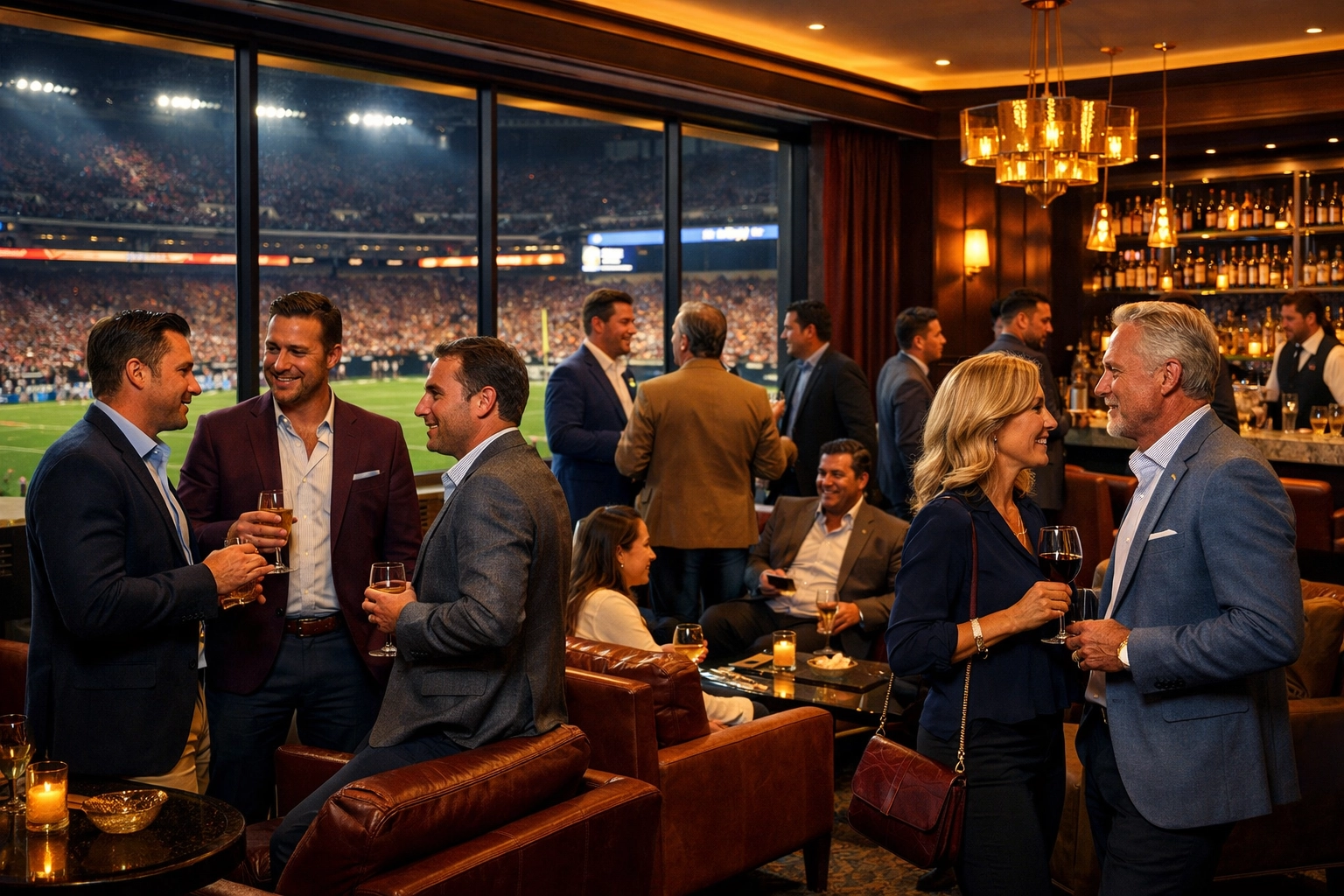 Business executives networking in premium stadium club lounge during Super Bowl event