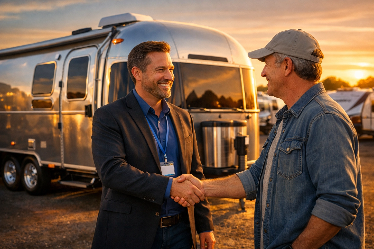 Customer and dealer shaking hands at RV dealership completing travel trailer trade-in deal