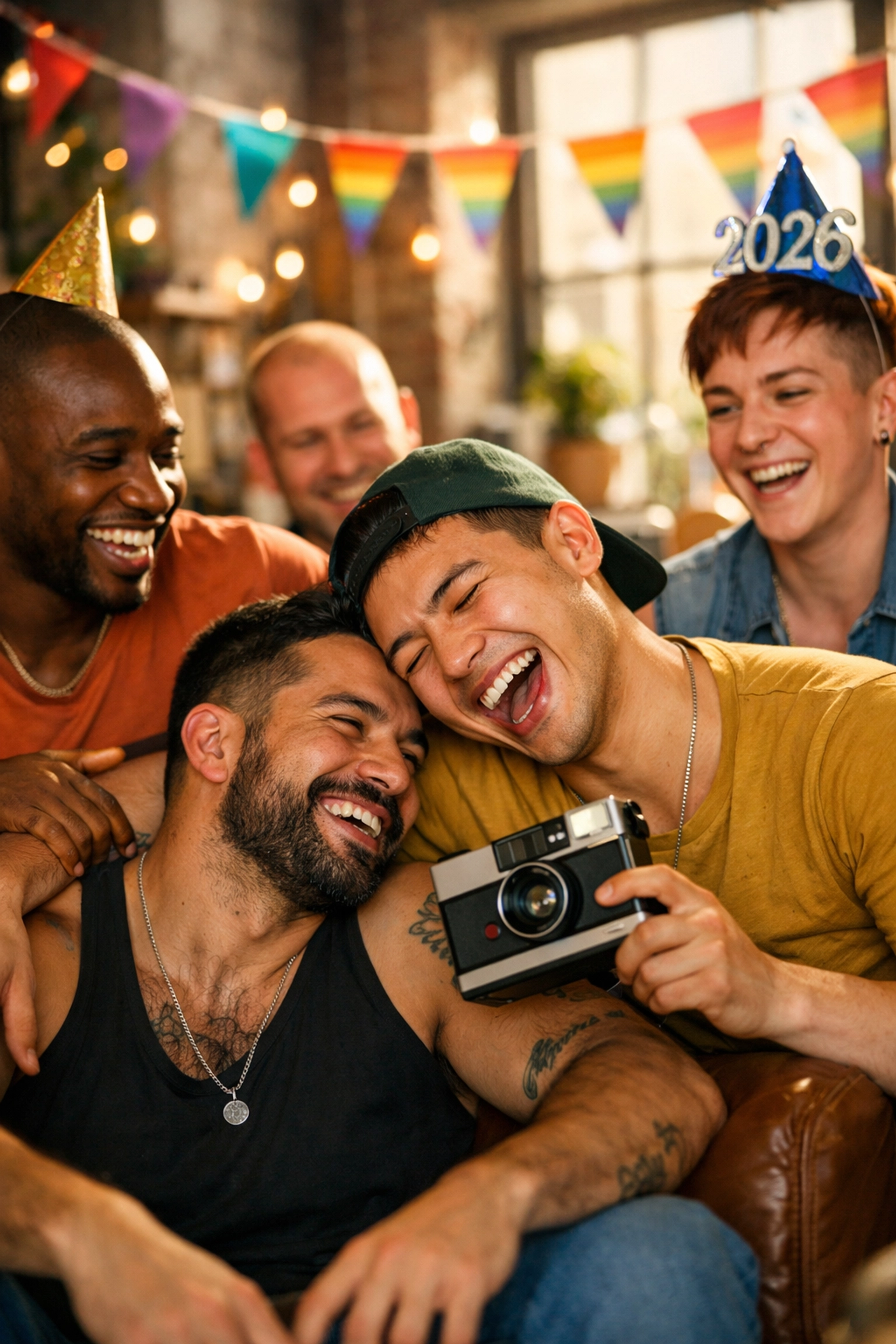 Gay and trans-masculine friends laughing together in a sun-lit apartment, celebrating a birthday in 2026.