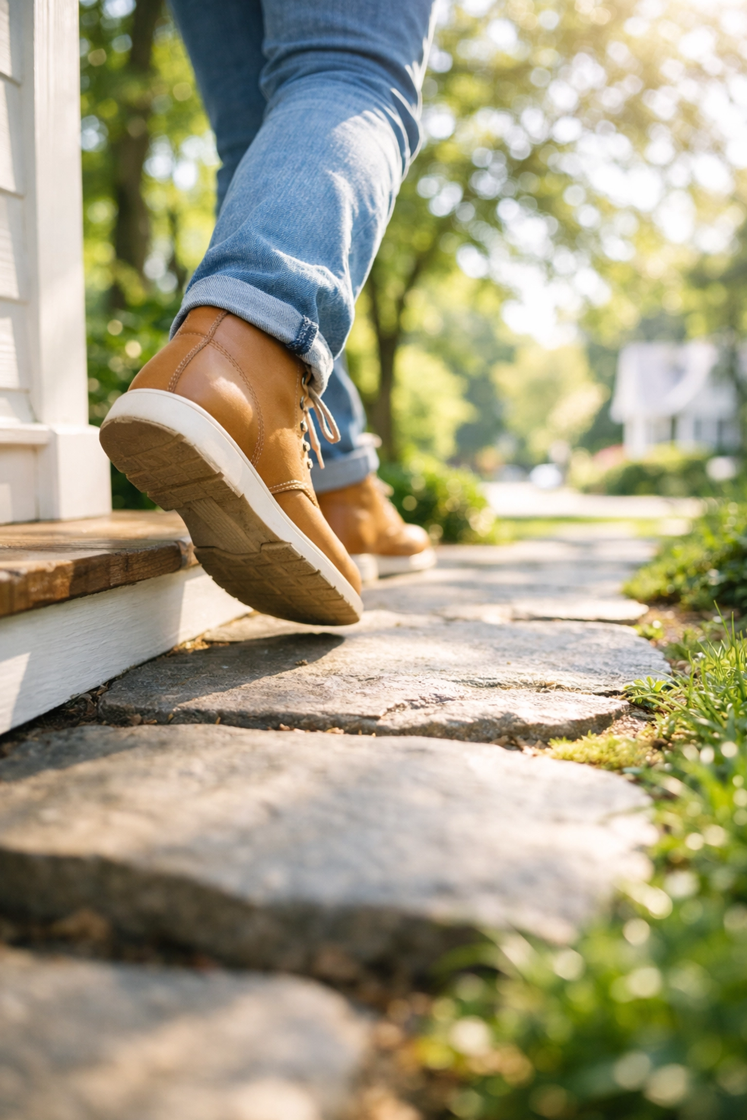 Taking a first step toward sobriety on a sunny garden path at a Nashville sober living home.
