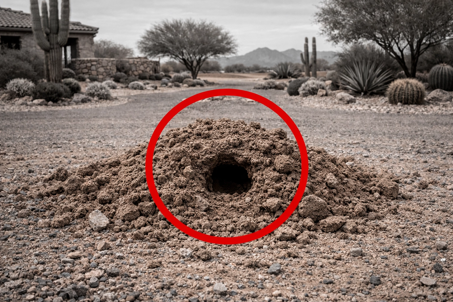 Fresh gopher mound in a Coolidge Arizona backyard, highlighting the need for specialized gopher control services.