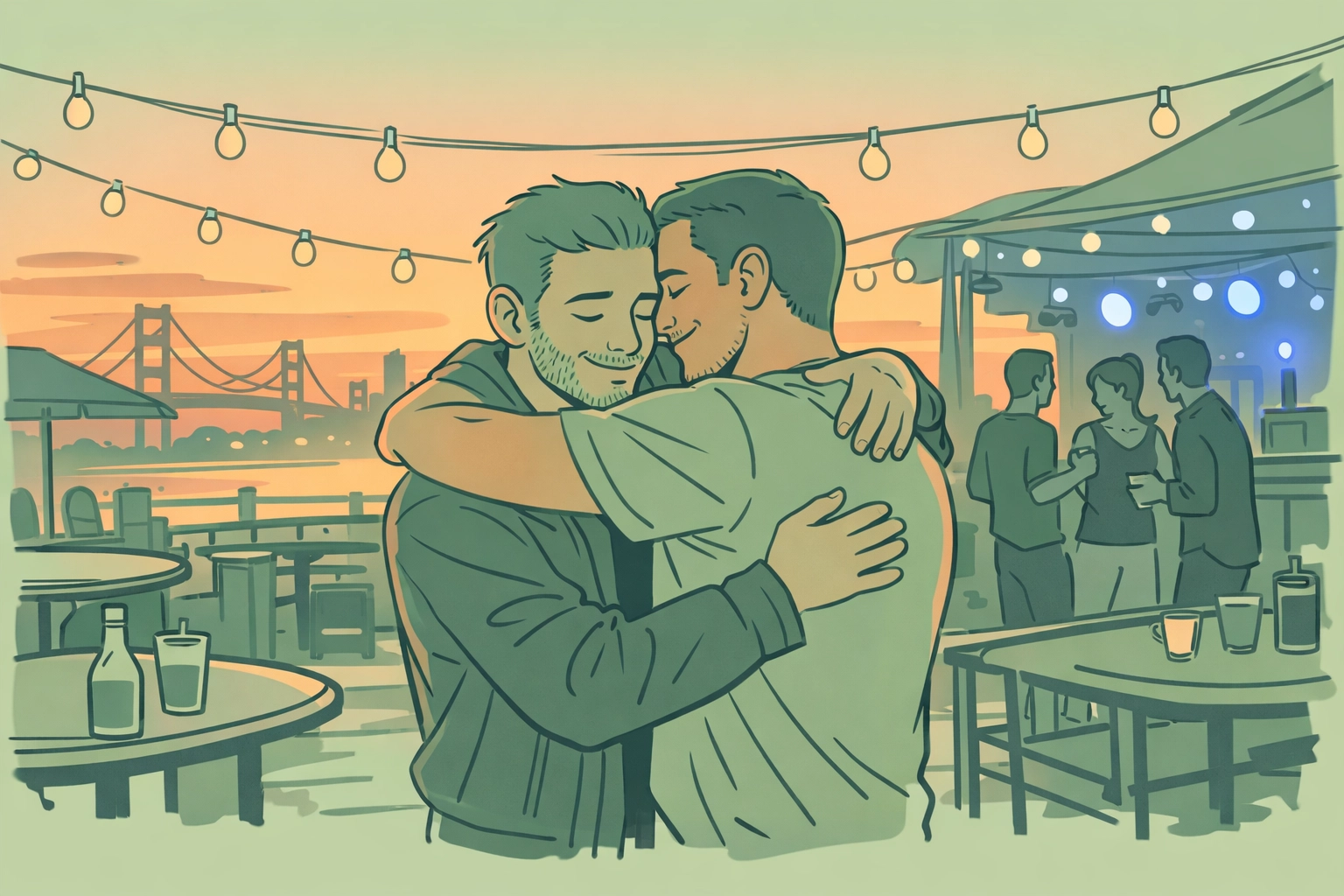 Gay couple embracing at sunrise on The End Up patio after all-night dancing in San Francisco SoMa district