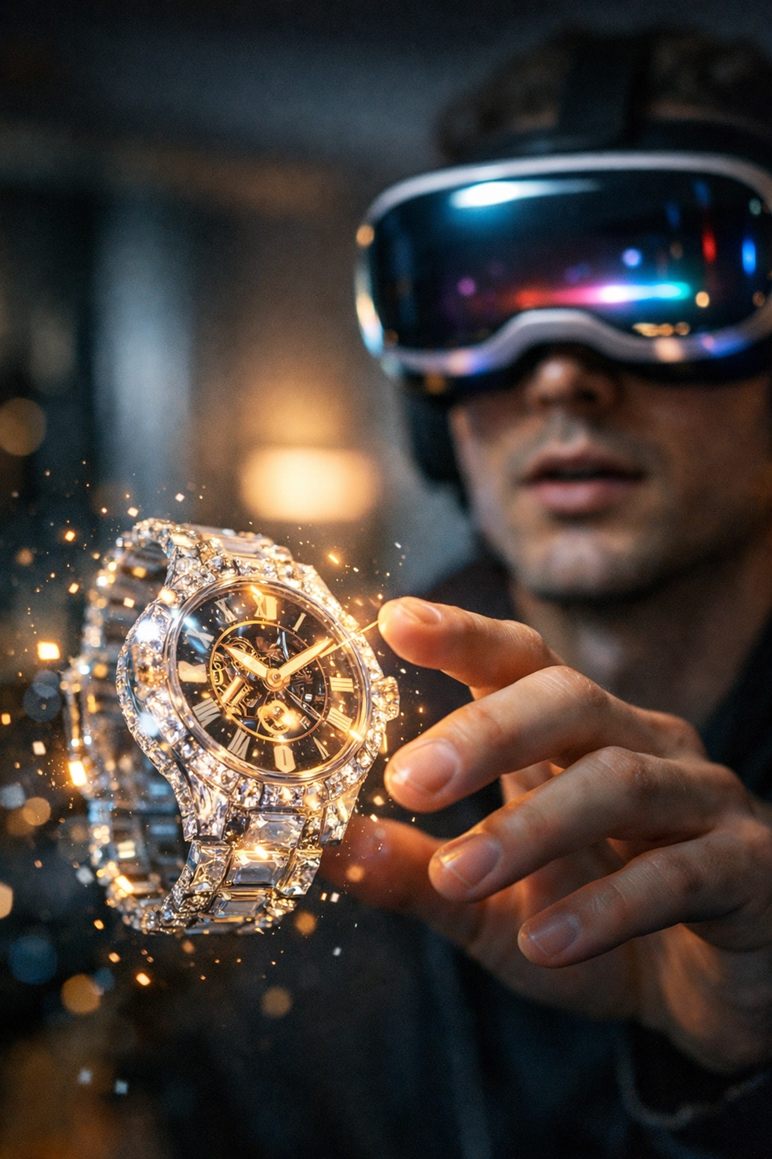 User interacting with a digital luxury watch in virtual reality through a high-tech VR headset interface.