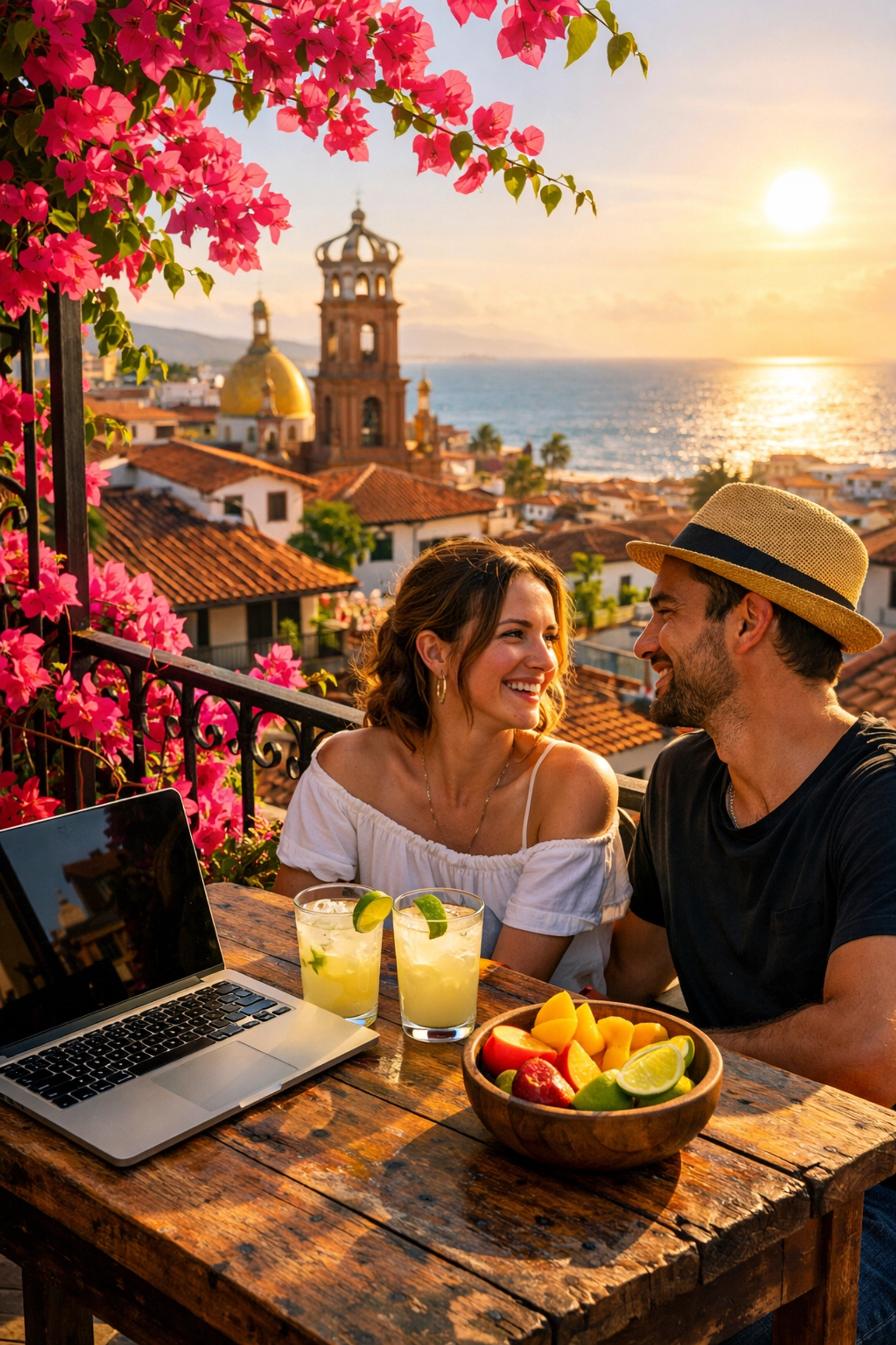 Digital nomad couple on a private balcony of their puerto vallarta condo rental in Old Town overlooking the ocean.