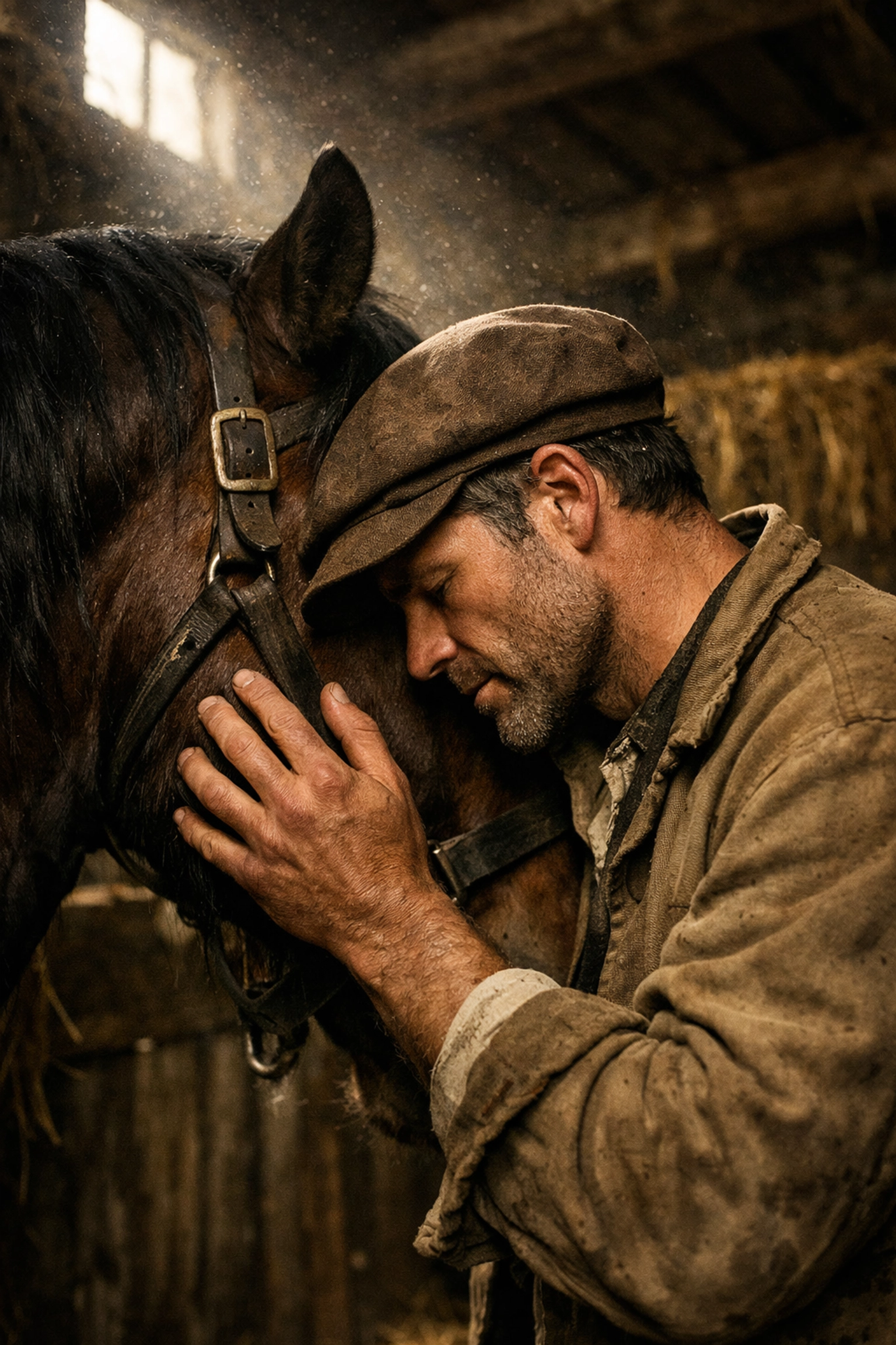 A historical figure finds a sense of peace and agency while tending to a horse in a rustic wooden stable.