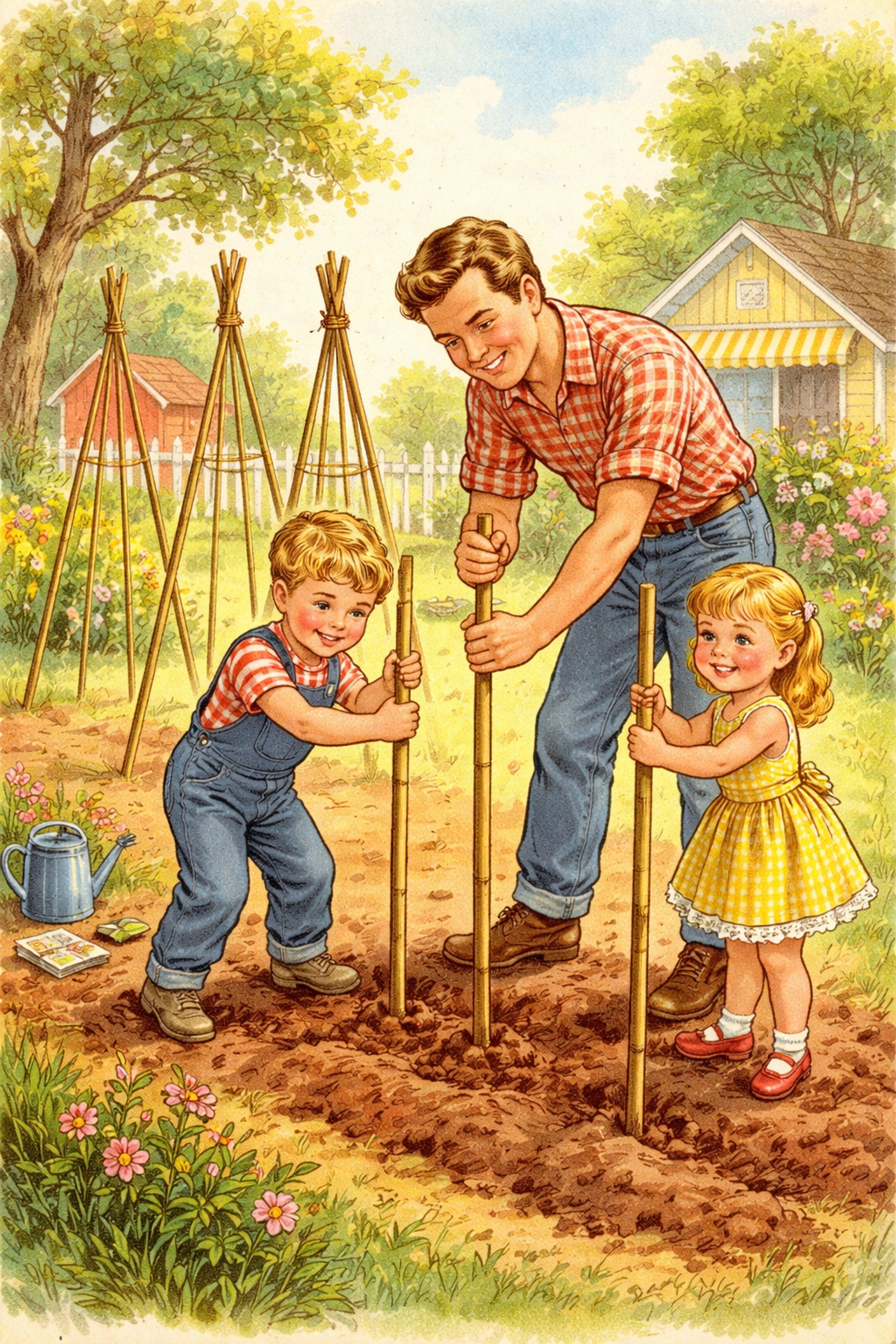 Family installing bamboo stakes for a giant bean race in their backyard garden