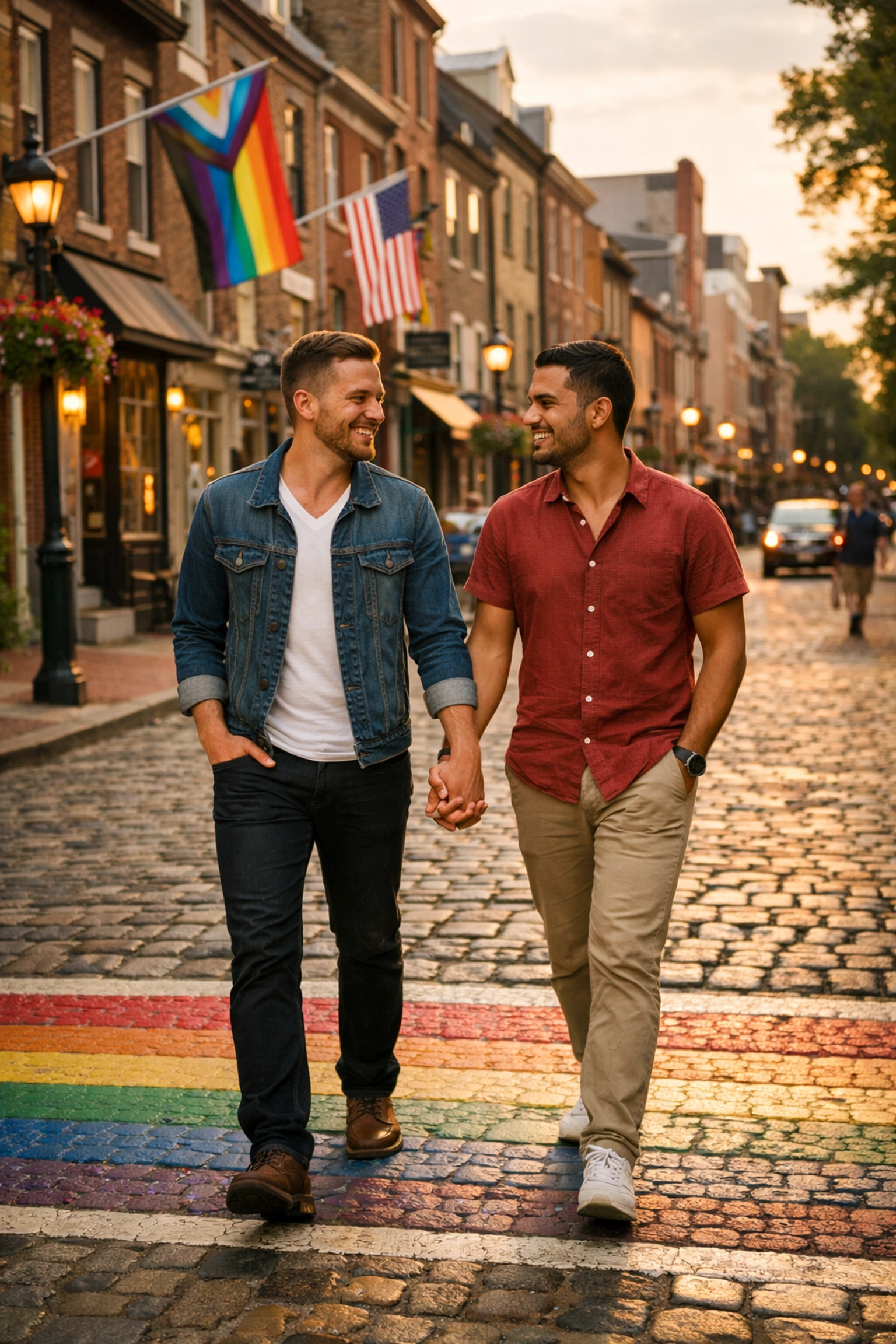 Two men holding hands walking through Philadelphia Gayborhood with rainbow crosswalk