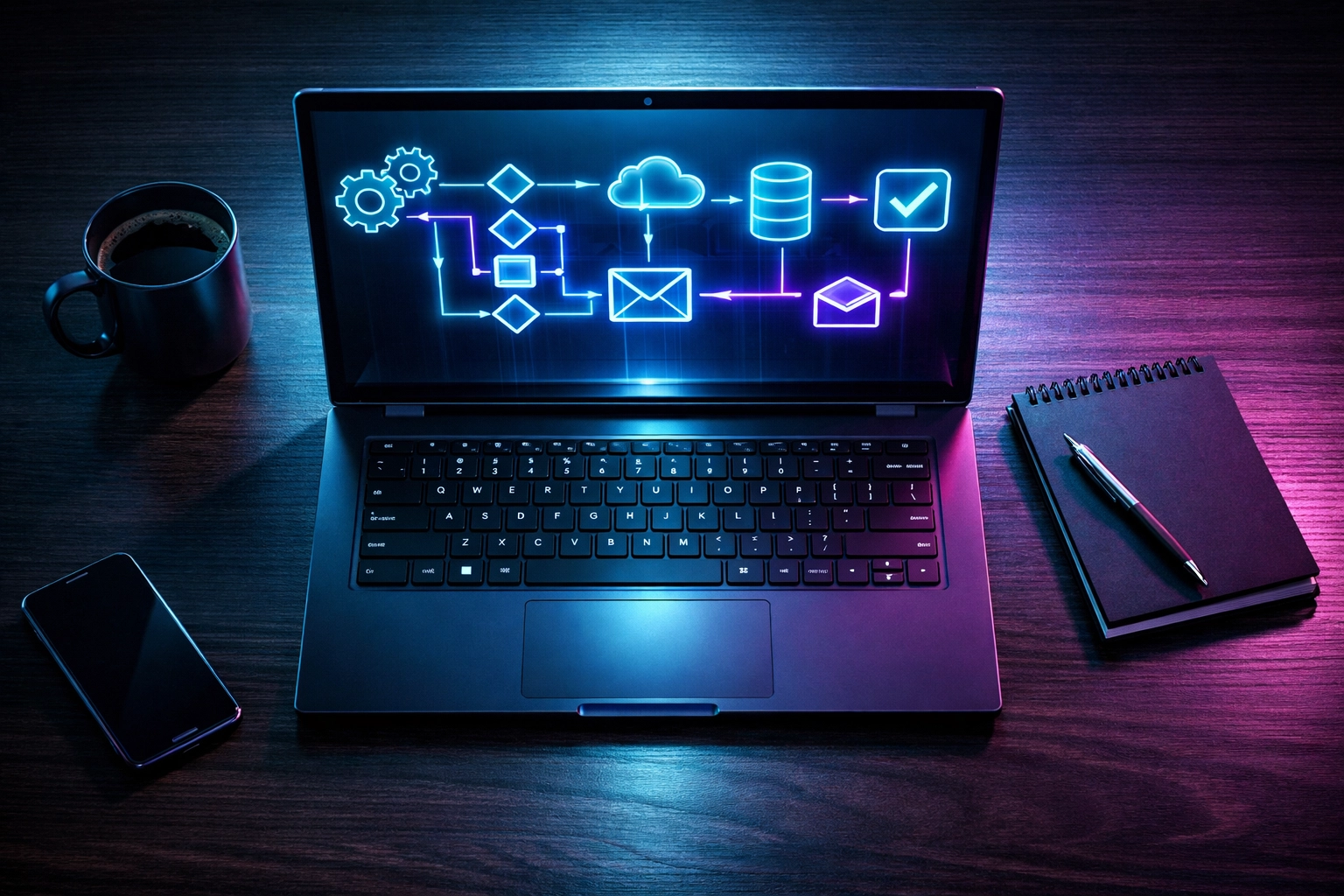 Business process automation workflow displayed on laptop showing connected automated tasks and processes