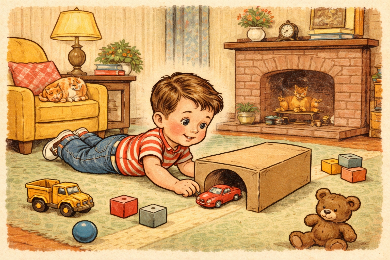 Child playing on living room floor, watching a toy car zoom through a cardboard tunnel, illustrating DIY indoor toy car activities.
