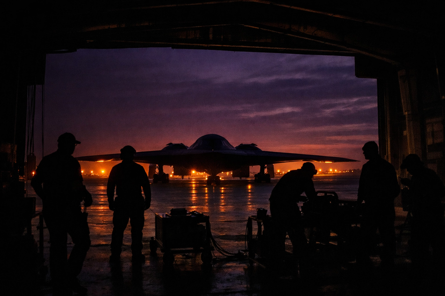 B-2 Spirit bomber in hangar with maintenance crew at twilight