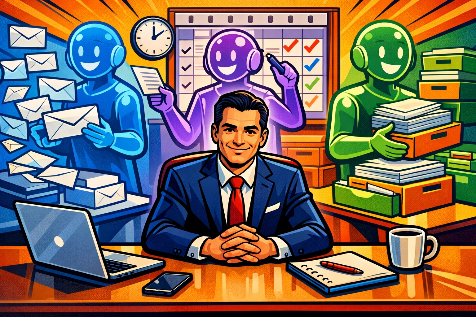 AI virtual assistants automate business admin tasks while owner works efficiently at organized desk