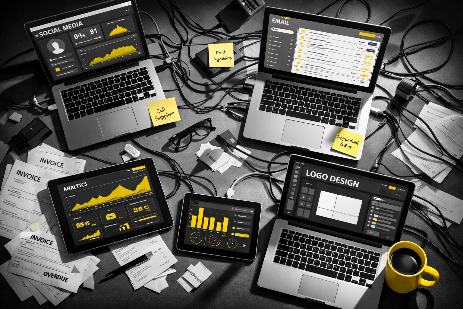 Small business owner's desk overwhelmed with multiple marketing vendor dashboards and cluttered devices