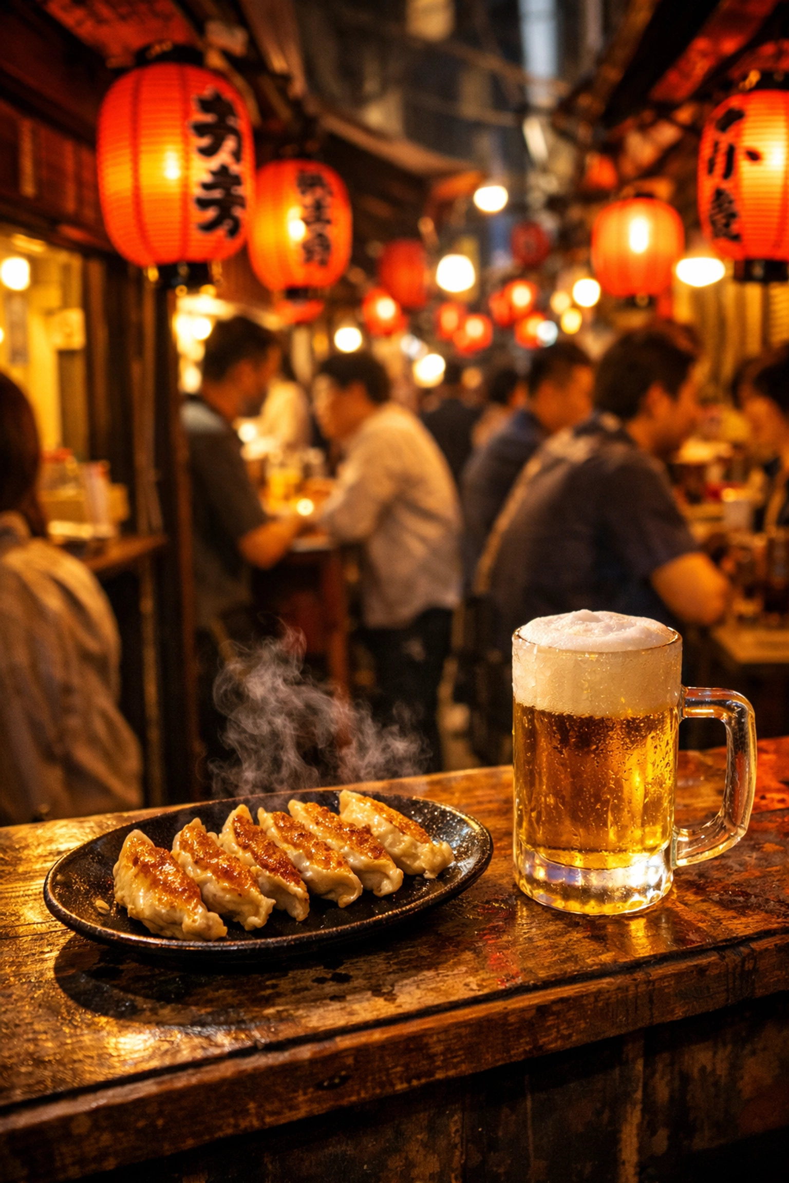 Nighttime street food and gyoza in Harmonica Alley, a vibrant Kichijoji photo location.