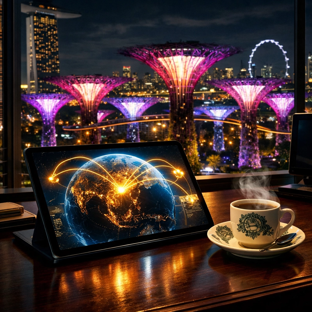 Digital meeting scheduler showing global connections from a high-rise office overlooking Singapore at night.