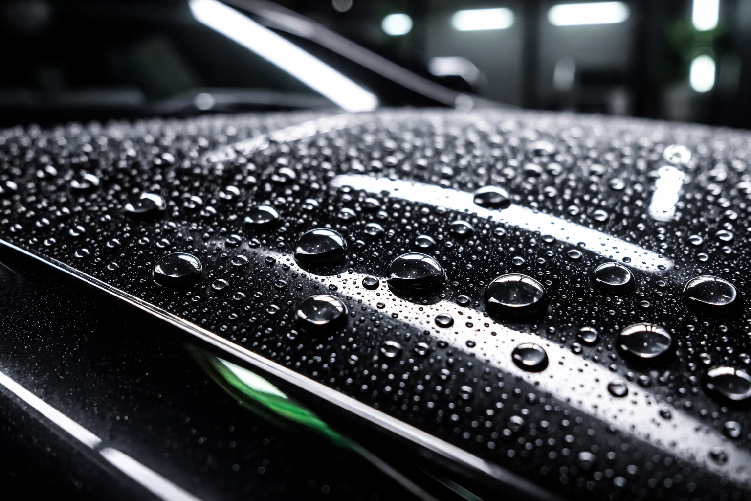 Close-up of water droplets beading on glossy black car paint, demonstrating ceramic coating protection