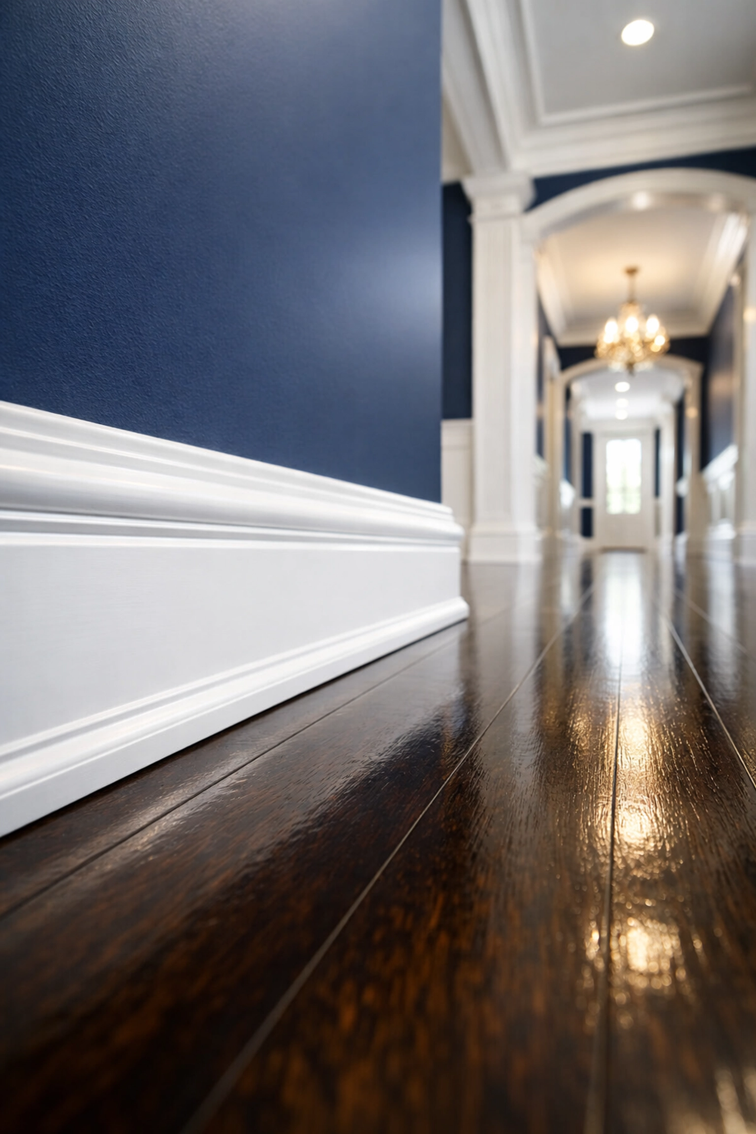 Pristine white baseboards and hardwood floors after a deep cleaning Wellesley MA session.
