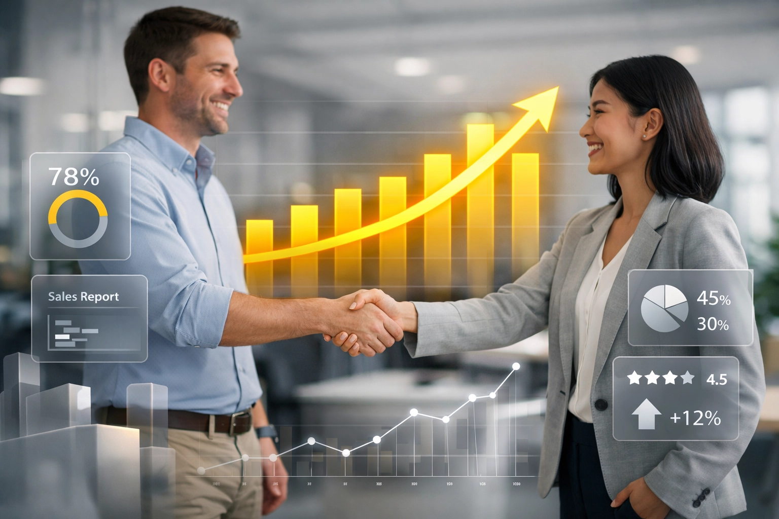 Partners shaking hands in front of a data dashboard showing successful Amazon brand scaling and growth.