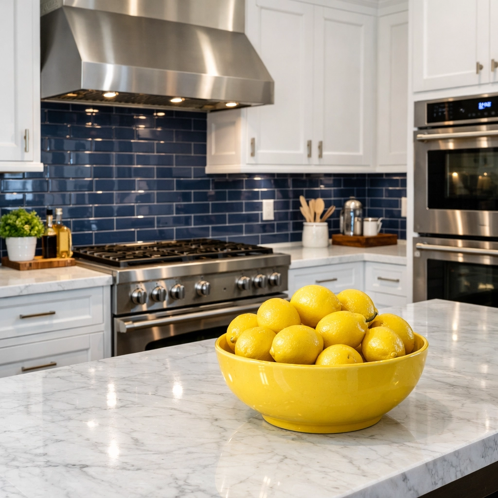 Professional weekly house cleaning Leominster results in a pristine kitchen with marble counters.