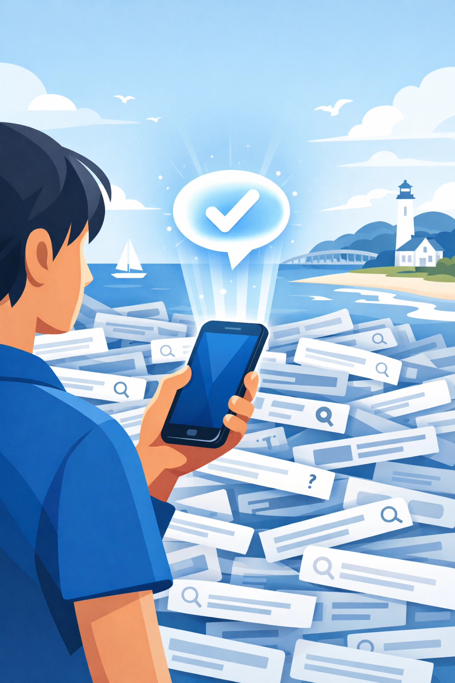 Digital illustration showing AEO answer engines providing clear results for Monmouth County businesses.