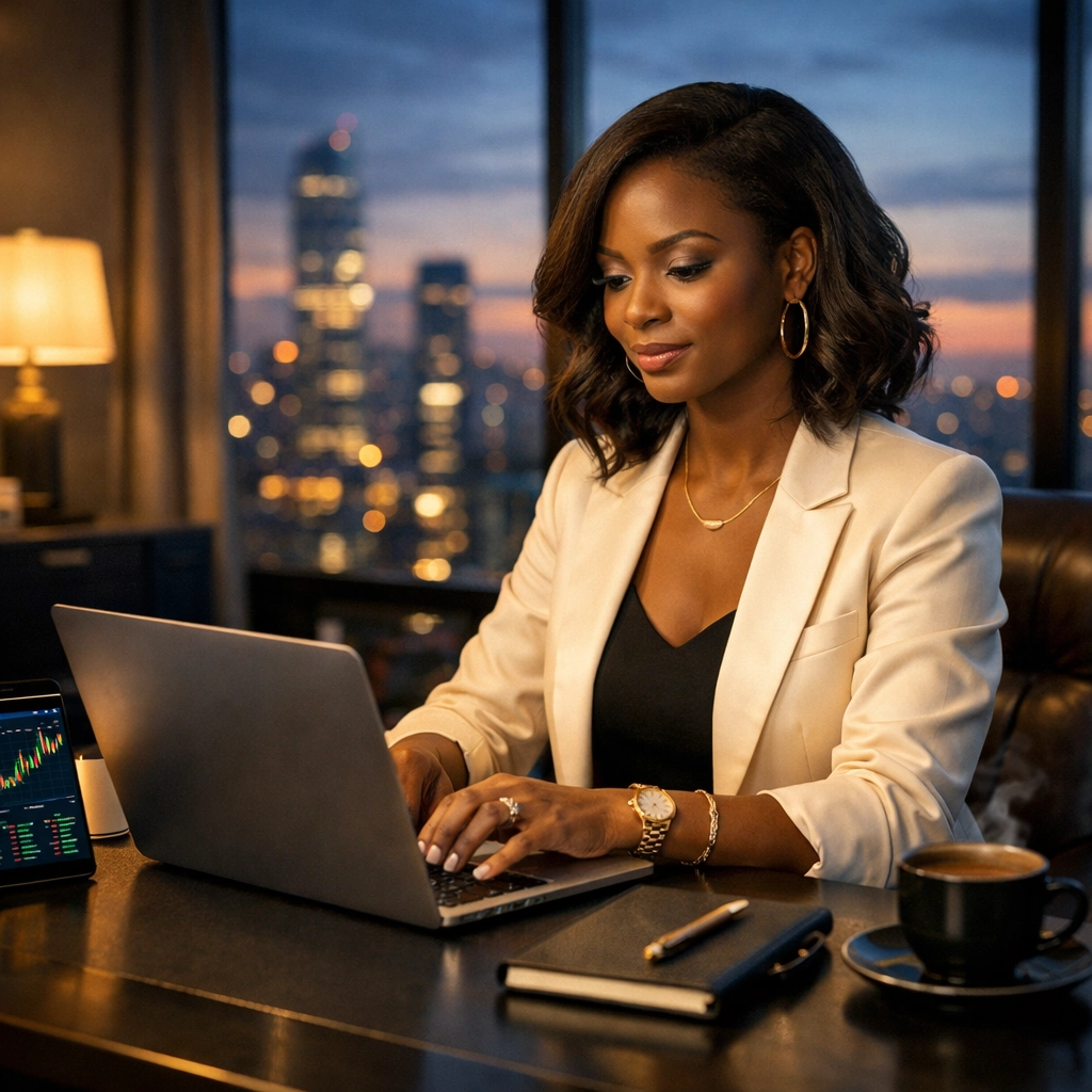 Successful Black woman entrepreneur working on financial planning in home office