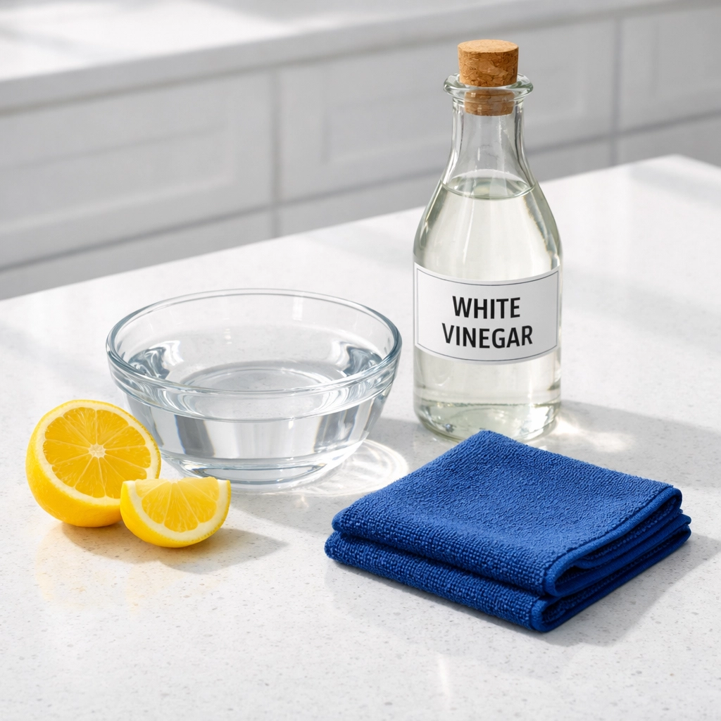 Natural cleaning supplies for a microwave including white vinegar, fresh lemons, and a microfiber cloth.
