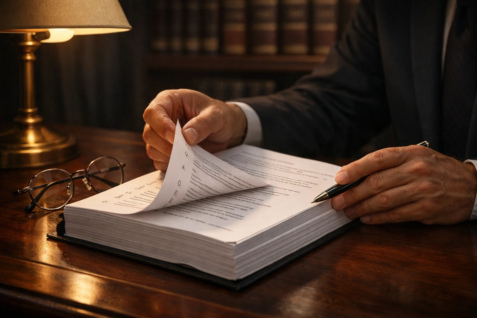 Legal expert reviewing trial records for a Texas criminal appeal in a professional law library.