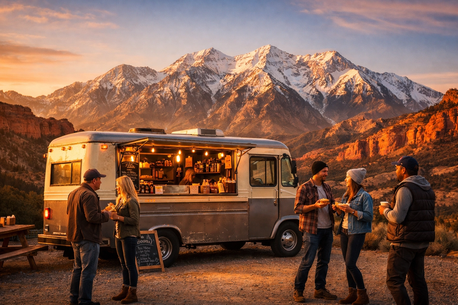 Rockabilly BBQ food truck serving customers in scenic Utah mountains with Wasatch Range backdrop