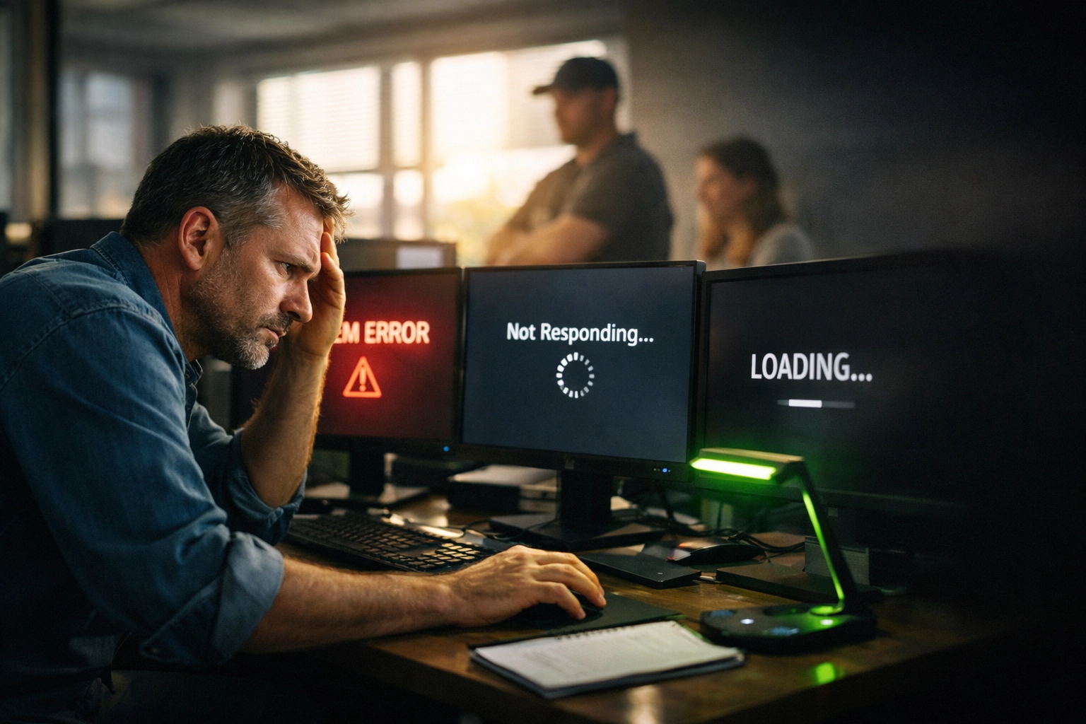 Small business owner in Lincoln dealing with IT downtime and frozen computer systems