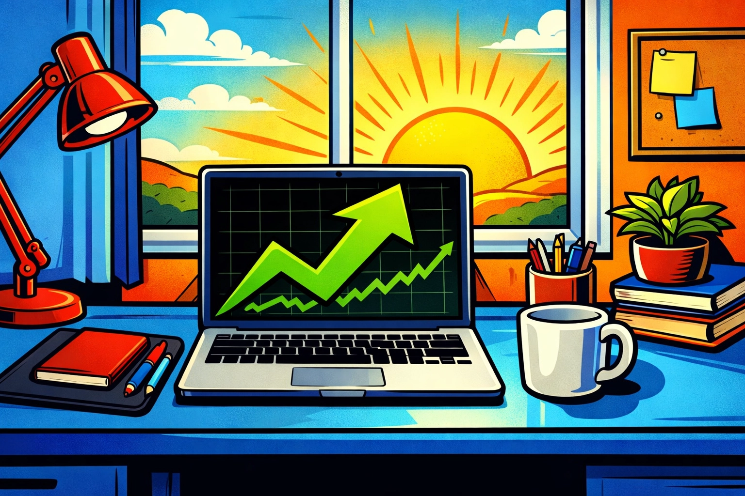 Organized workspace with a laptop showing business growth results from AI business automation.