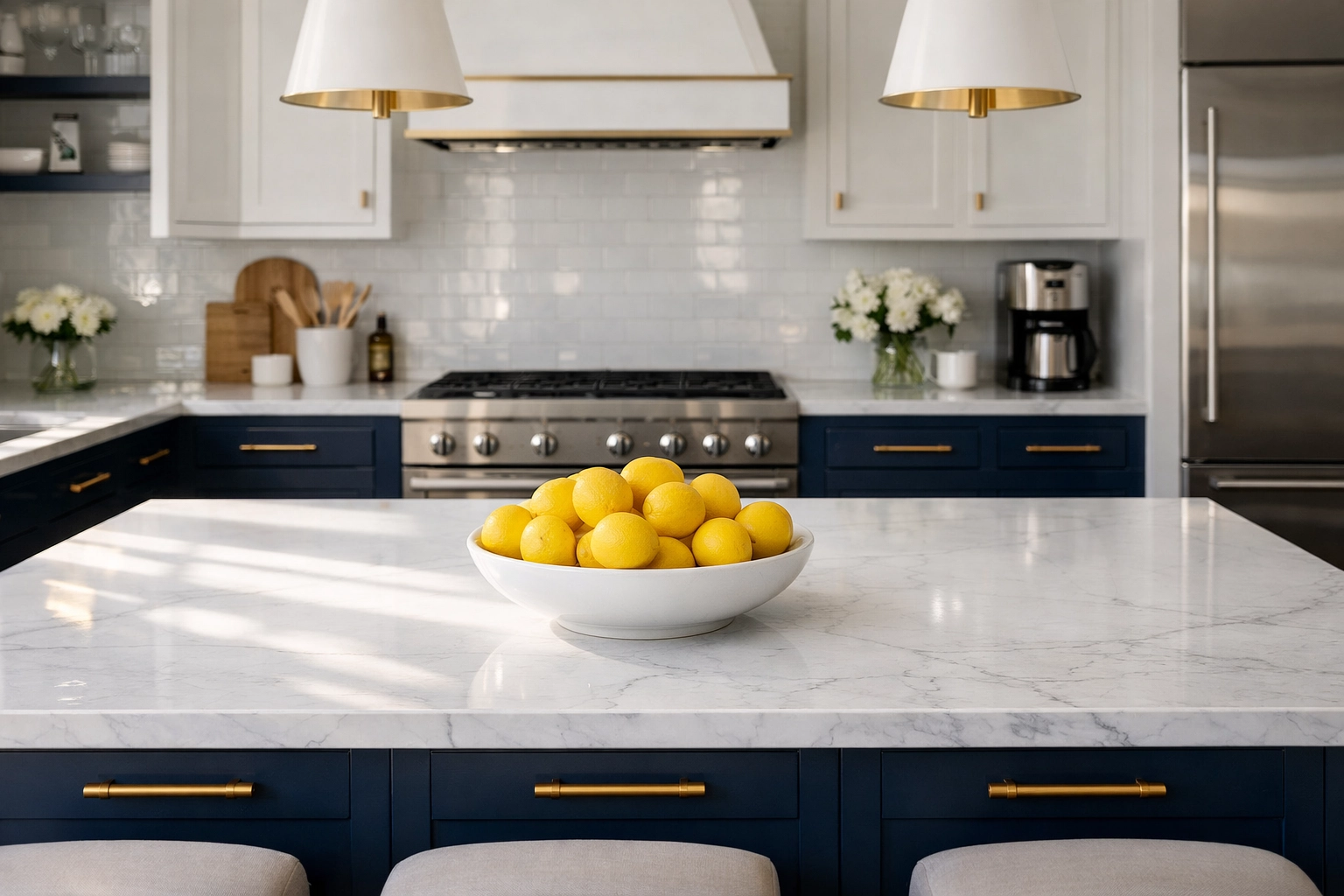 Spotless kitchen in Hyannis, MA, with white marble countertops maintained by a bi weekly house cleaning ser.