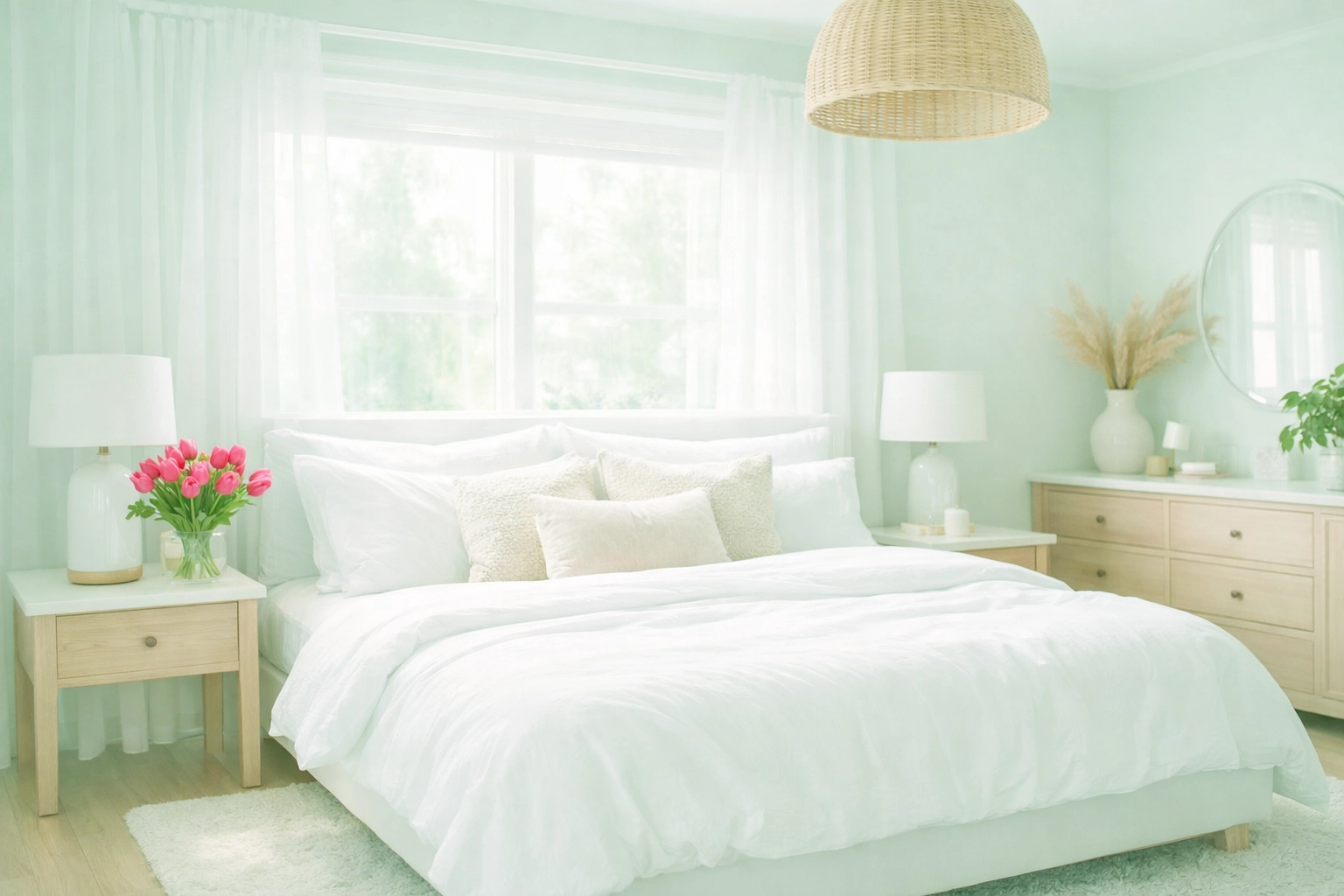 A serene, professionally cleaned bedroom sanctuary with white linens and fresh flowers on a nightstand.