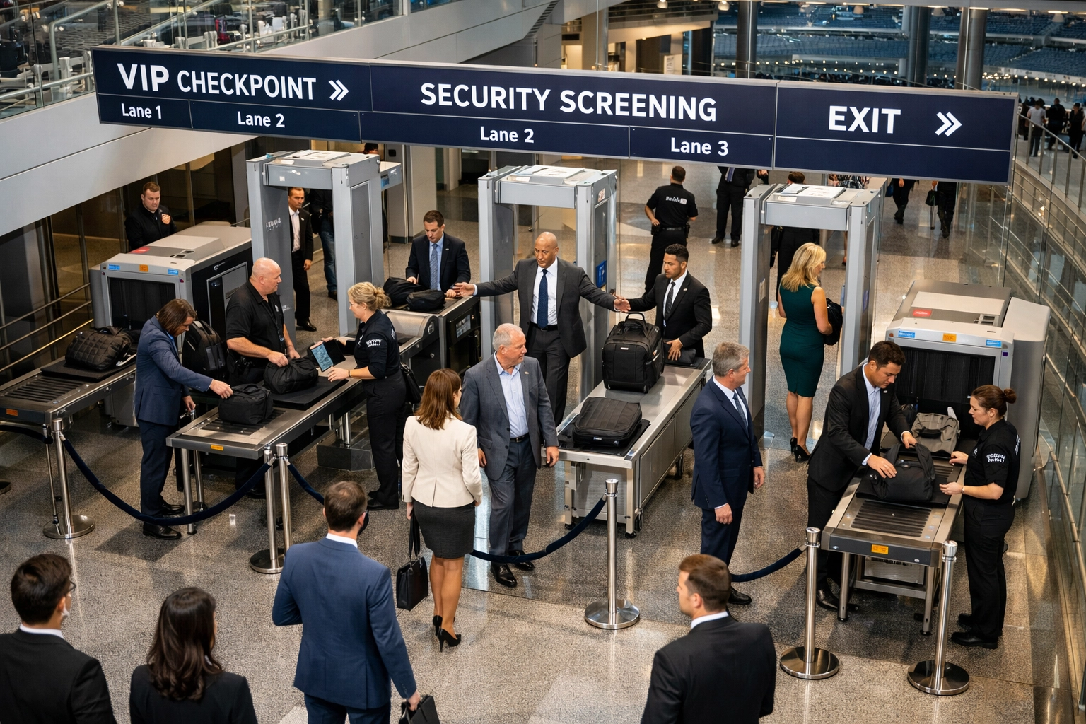 PRESS RELEASE: 7 Critical Super Bowl Transportation Mistakes Costing Companies $50K (And How to Fix Them) VIP guests moving through organized stadium security checkpoint with expedited screening lanes