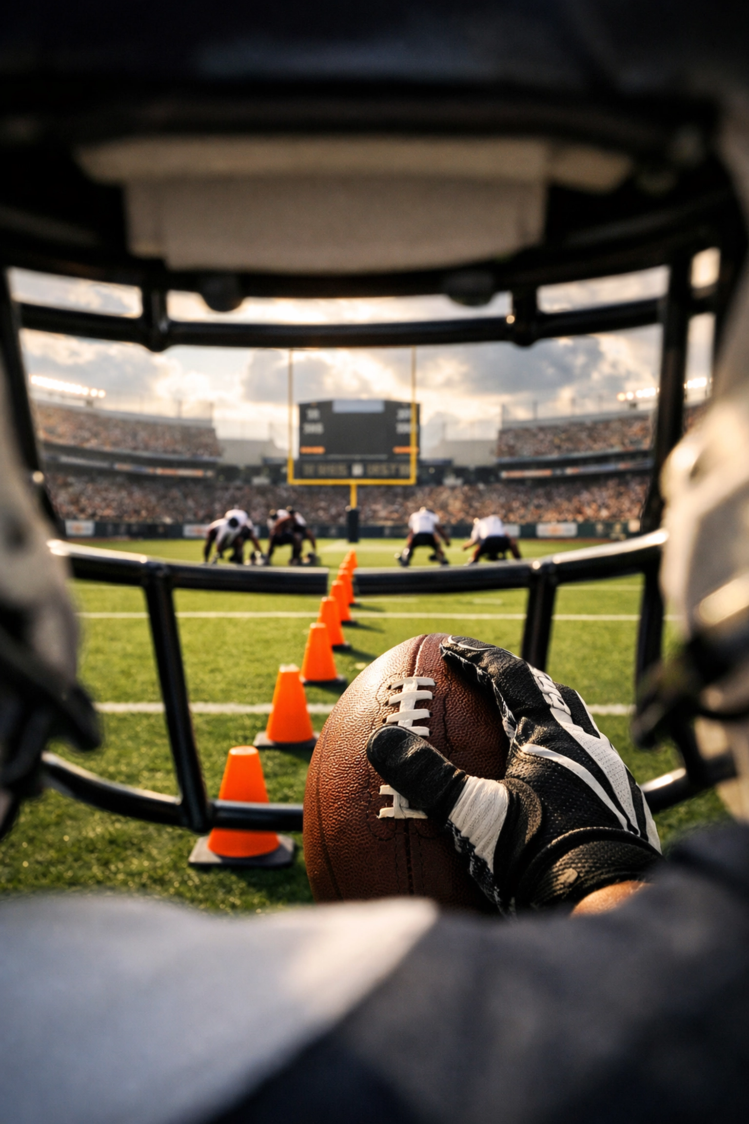 Point-of-view of a quarterback holding a football and looking at the endzone.