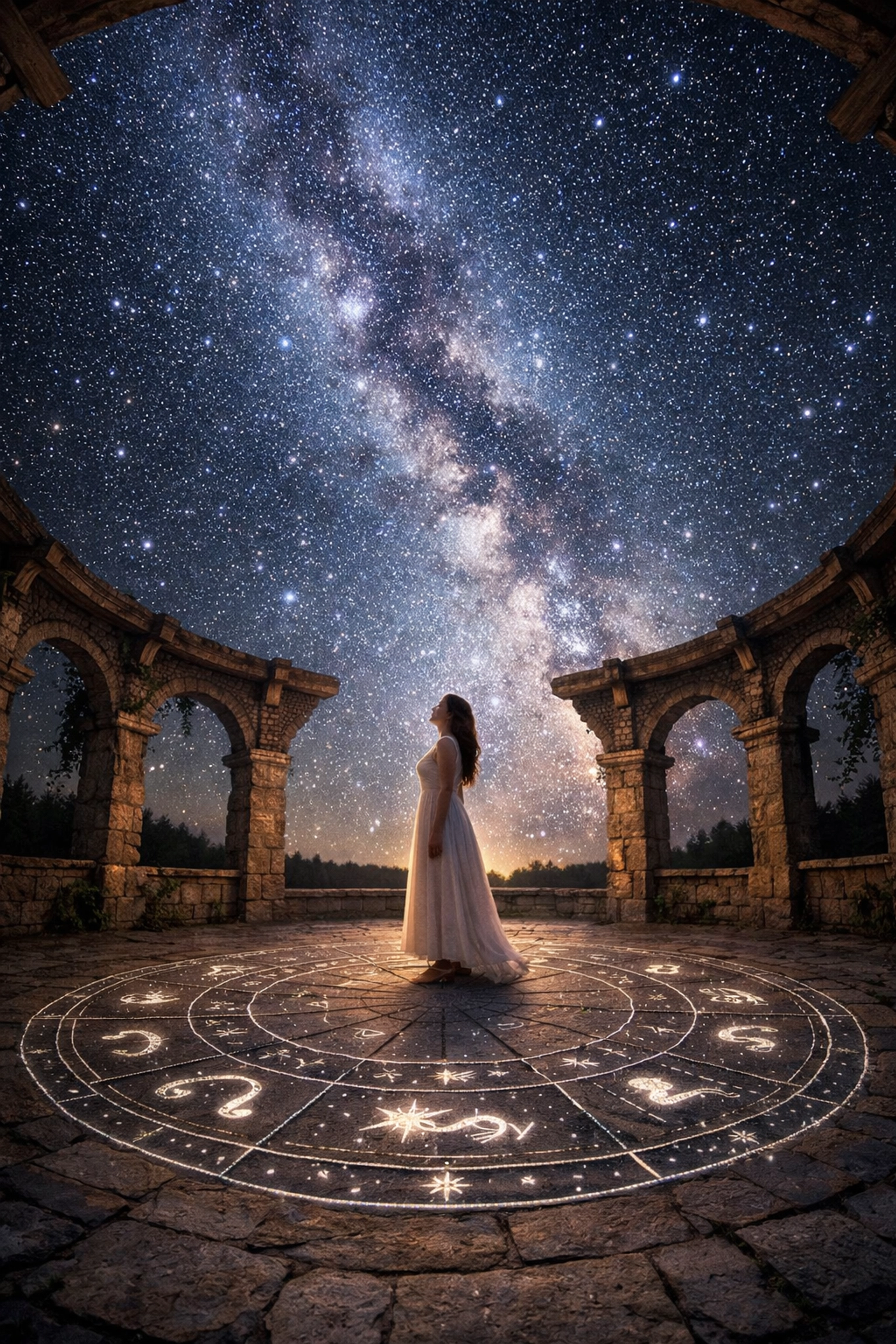 Woman aligned with the Milky Way standing on a stone astrological star map.
