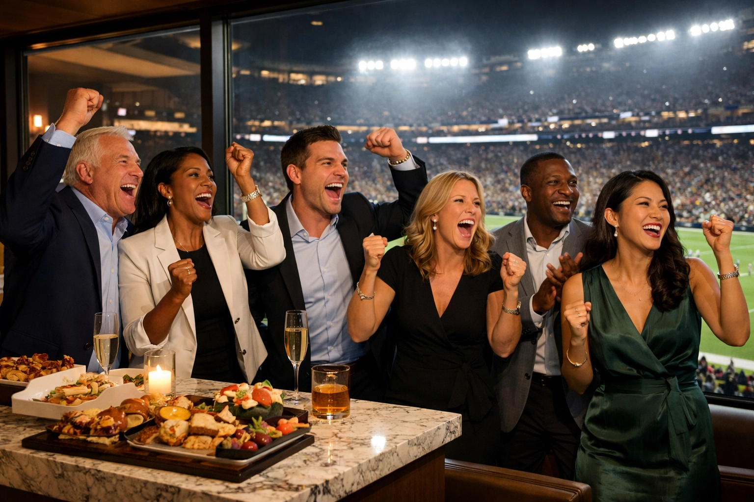 The Ultimate Guide to Super Bowl Sports Marketing: Everything You Need to Succeed Executives enjoying a VIP experience in a luxury stadium suite during a major sporting event.