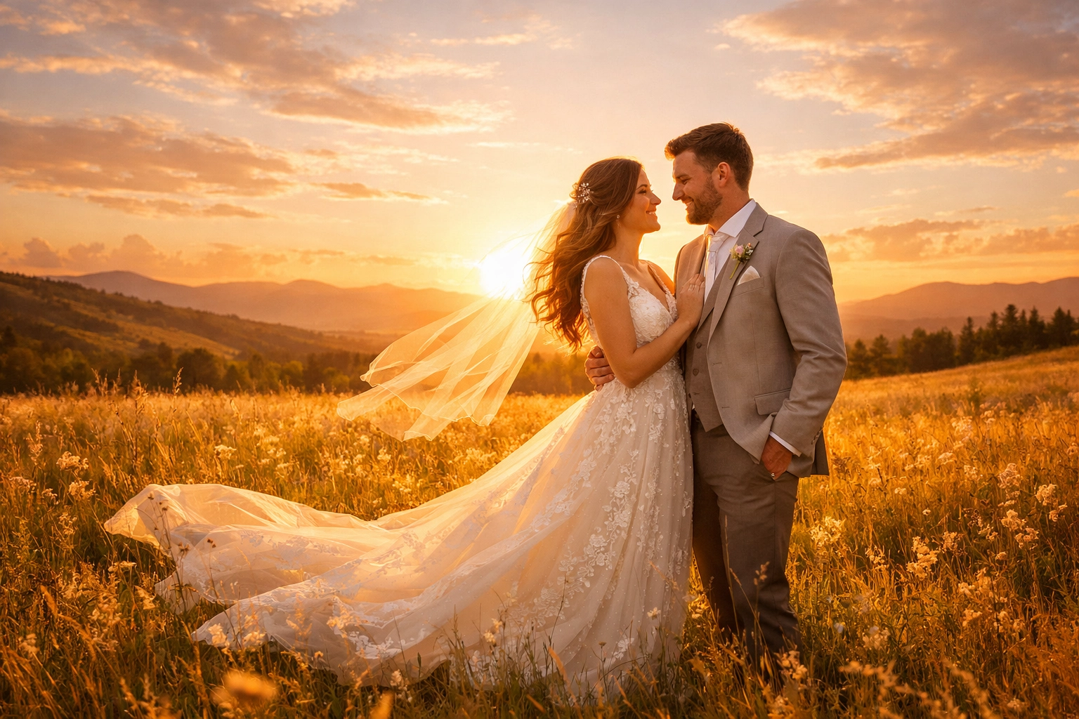 Newlyweds celebrating a debt-free wedding ceremony in a sunlit meadow at sunset.