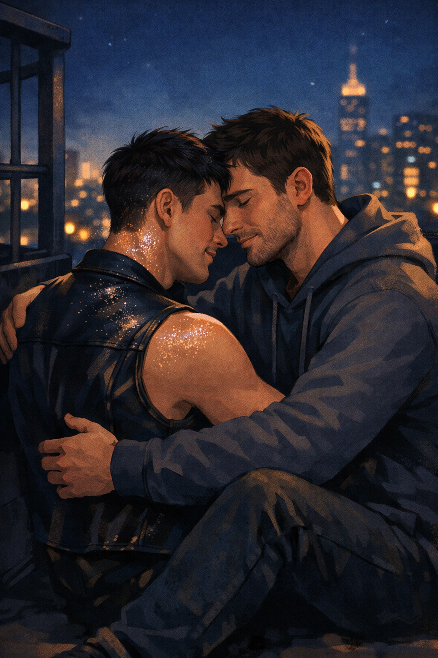Two gay men sharing a tender embrace on a city rooftop, showcasing the emotional intimacy of MM contemporary novels.