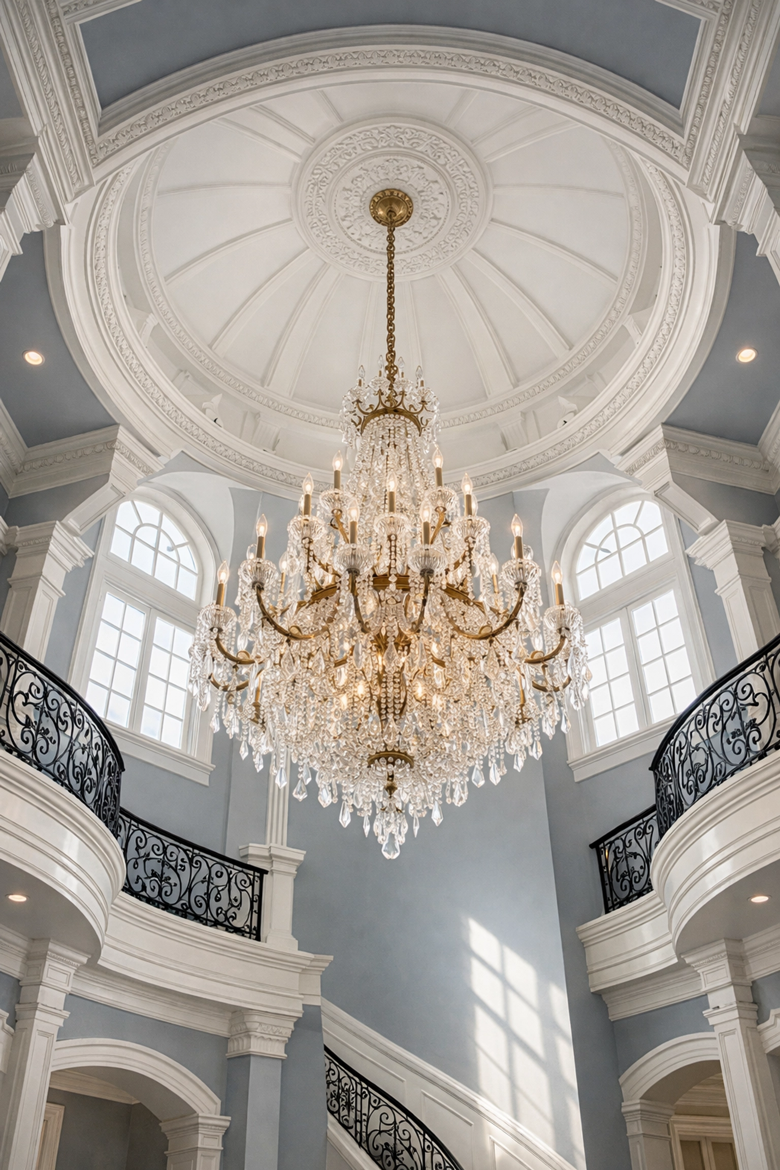 Grand foyer with a spotless crystal chandelier and high ceilings in a luxury Dover MA home.