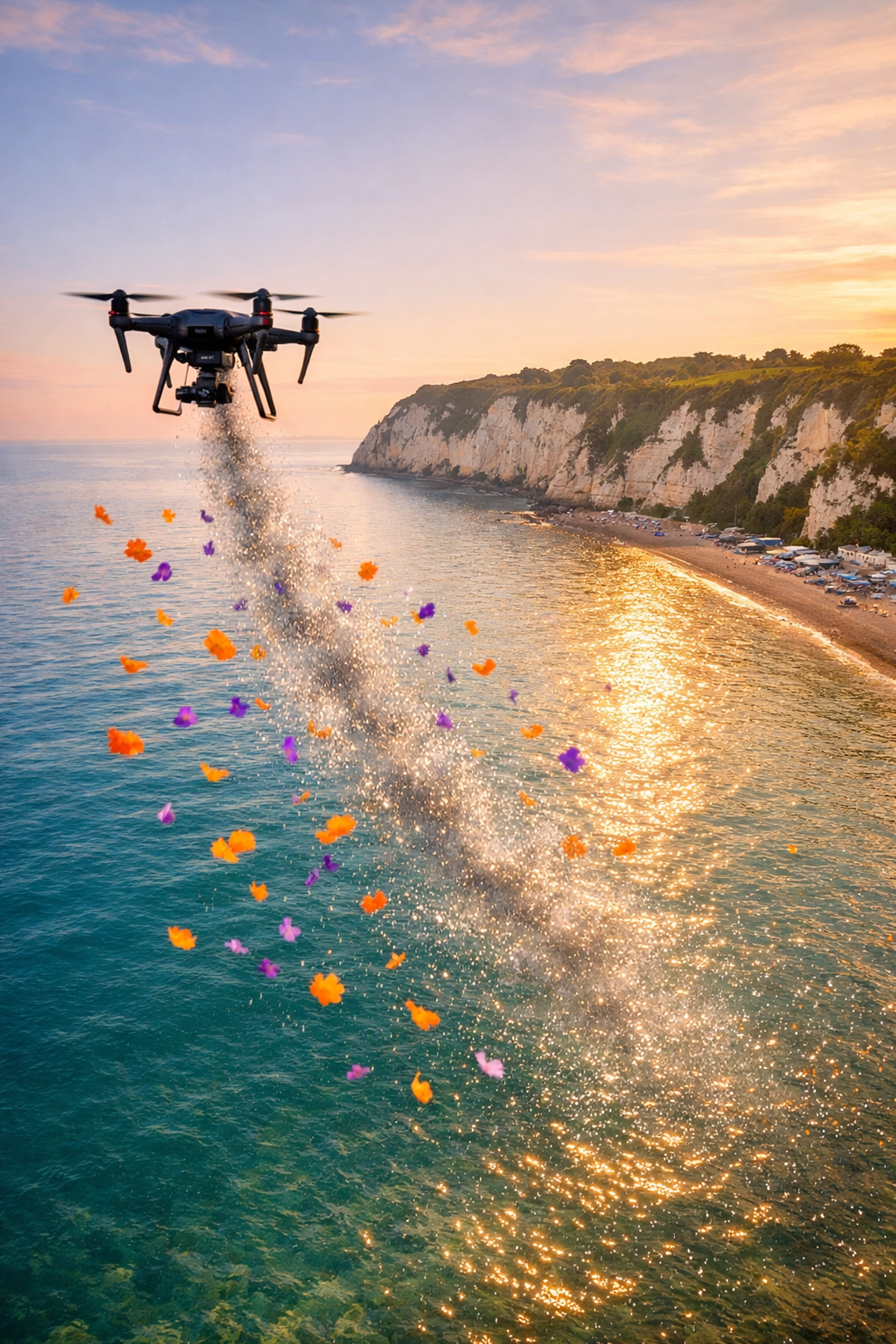 Drone scattering ashes and petals over the sea at Beer Beach, Jurassic Coast.