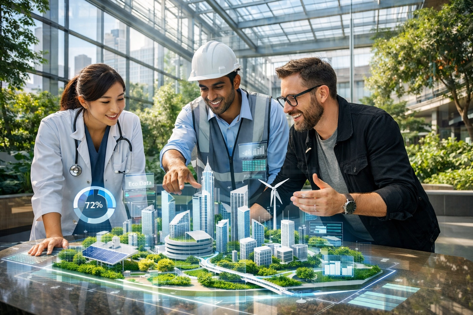 Professionals collaborating on a 3D city model using immersive education and spatial computing tools.