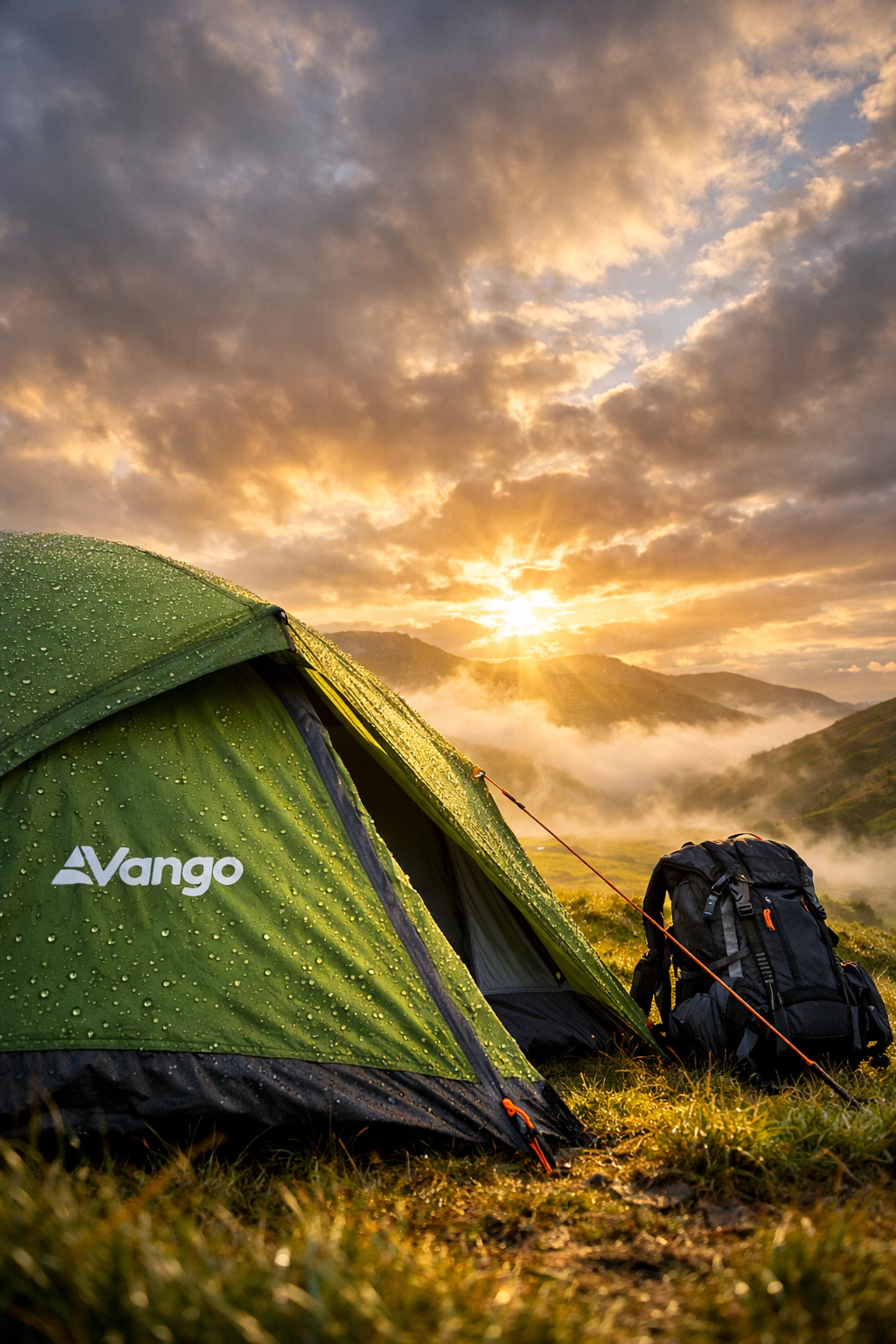 Budget-friendly camping tent pitched on UK hillside at dawn for wild camping adventure