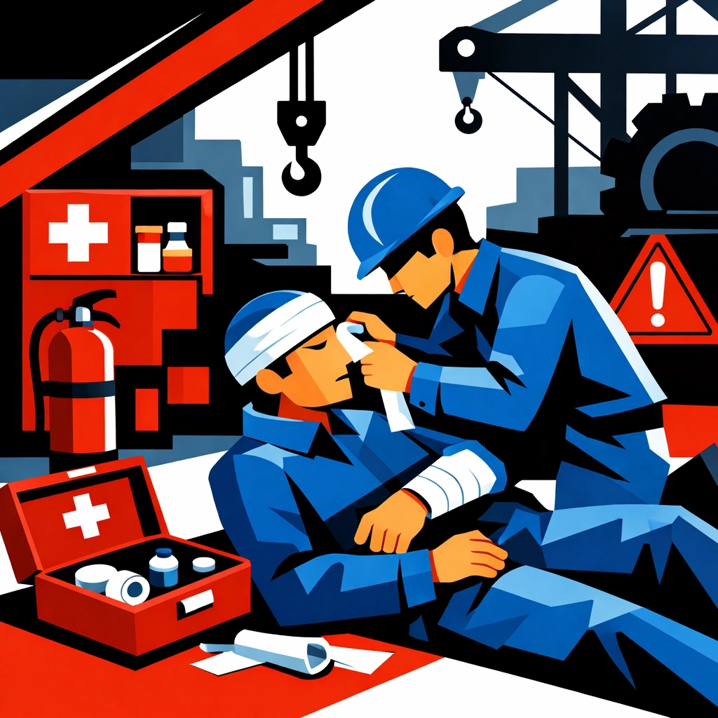First aid training in industrial workplace with worker attending injured colleague