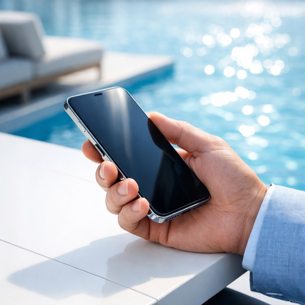 Business owner using a smartphone to access fast pool route financing and Orangefi business loan options.