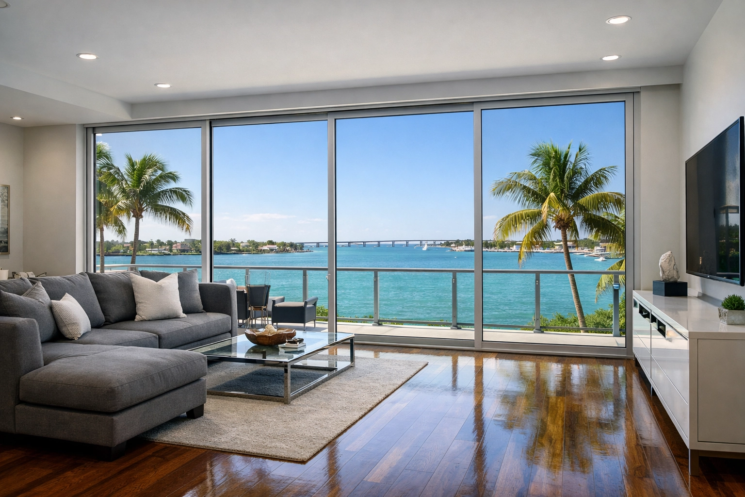Spotless waterfront condo living room in Bradenton featuring professionally cleaned streak-free windows.