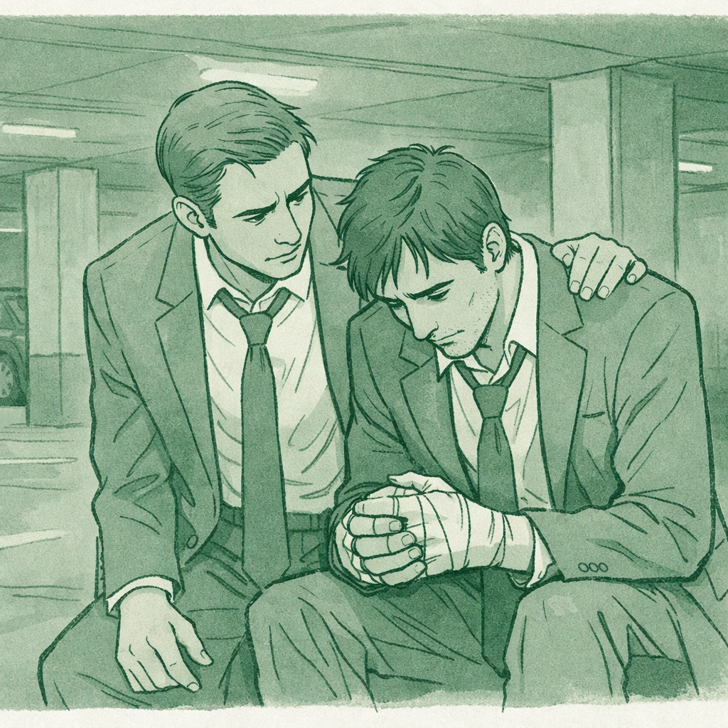 Judge with injured bandaged hands supported by politician in parking garage - MM political romance