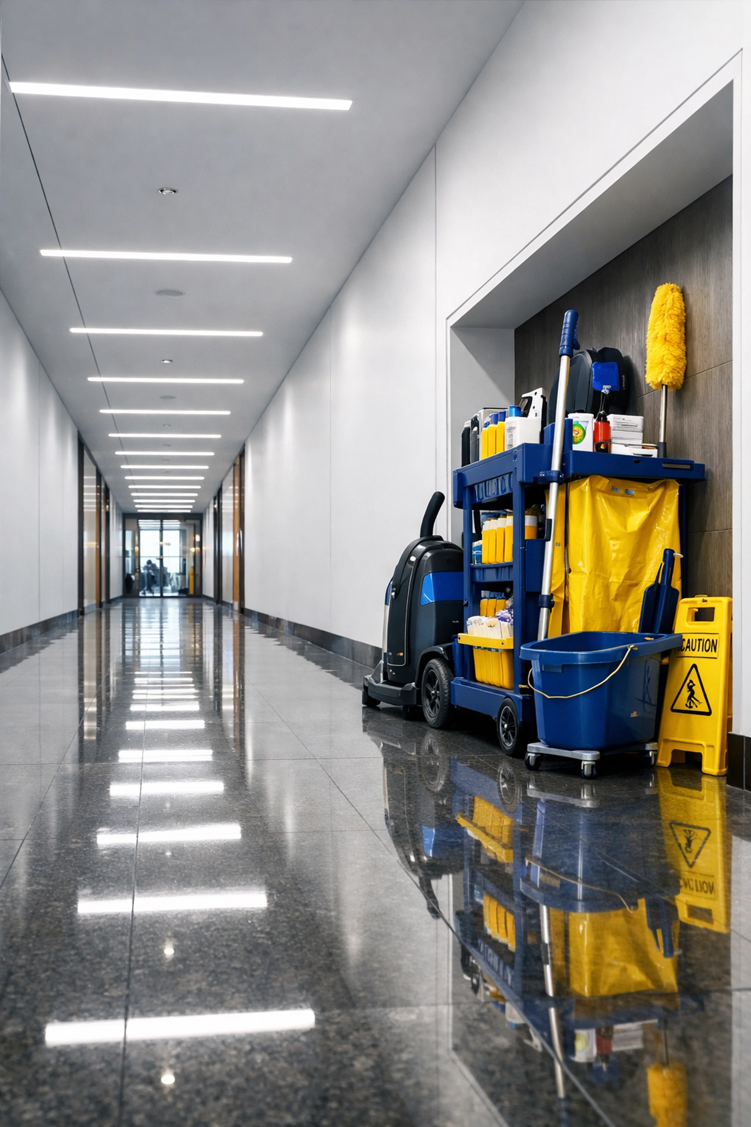High-gloss polished hallway floors in a Ludlow business facility showing professional maintenance.