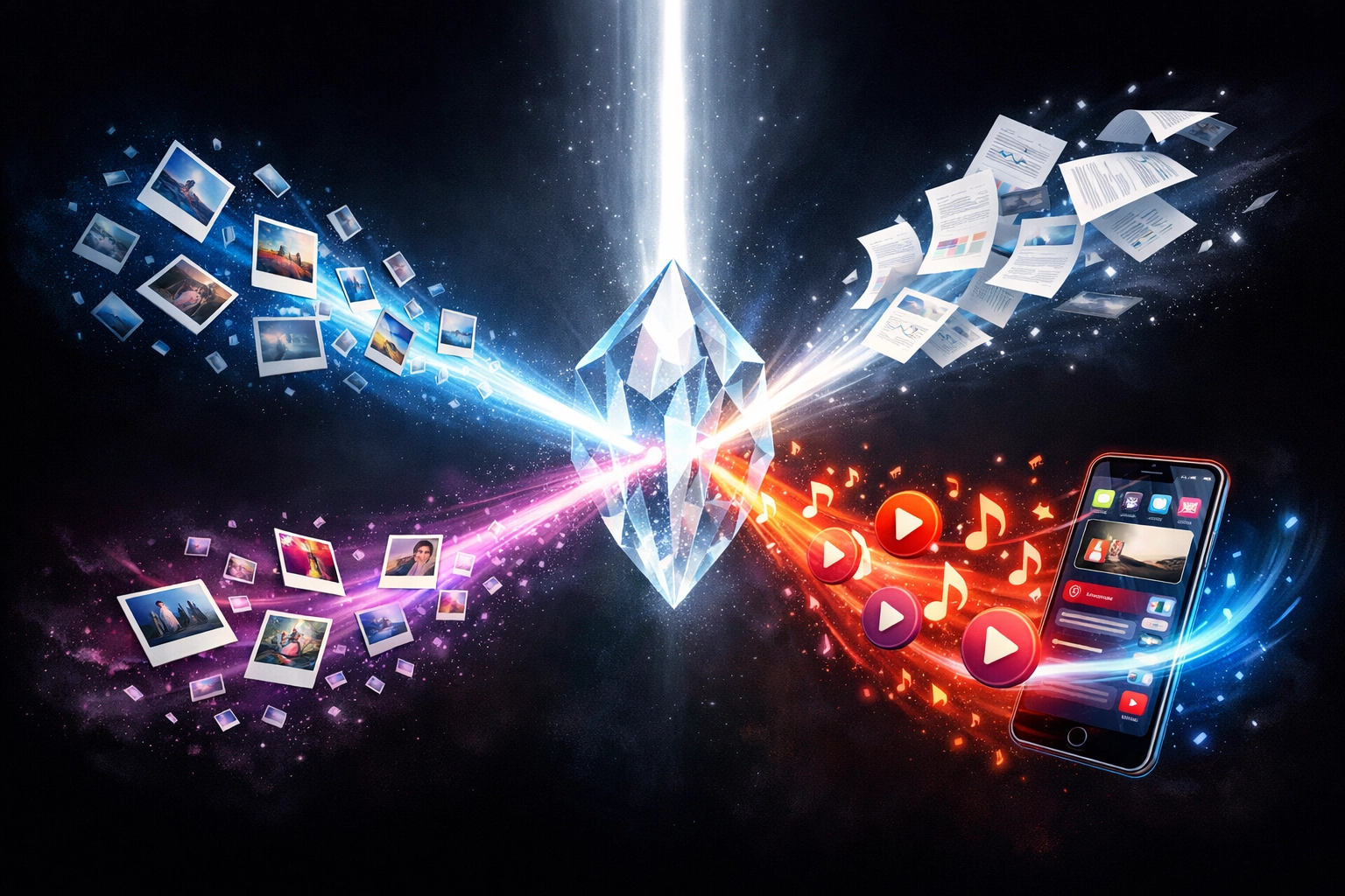 A central light refracting into digital formats representing content pillar adaptation for social media.