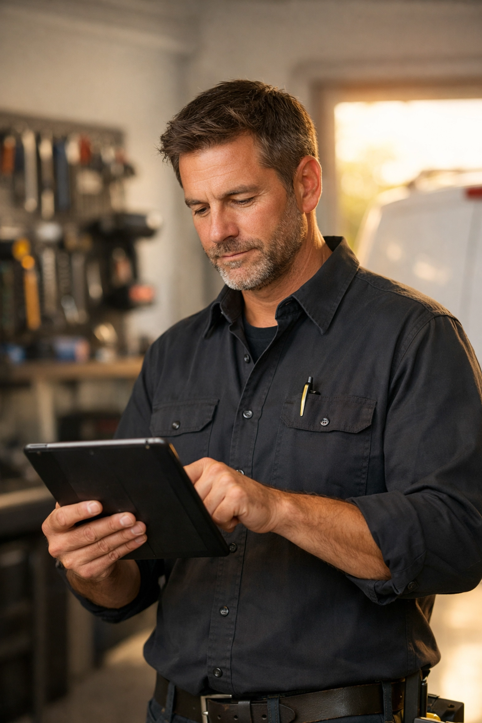 A professional contractor tracking labor costs on a tablet in a modern garage workspace.